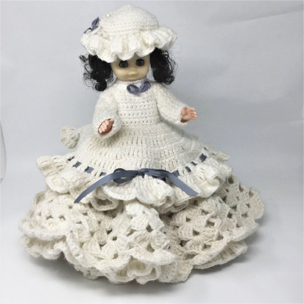 Vintage Doll Handmade Crochet White Dress